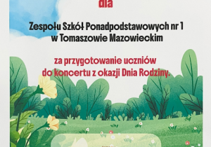 Podziękowanie dla ZSP1 za przygotowanie uczniów do koncertu z okazji Dnia Rodziny