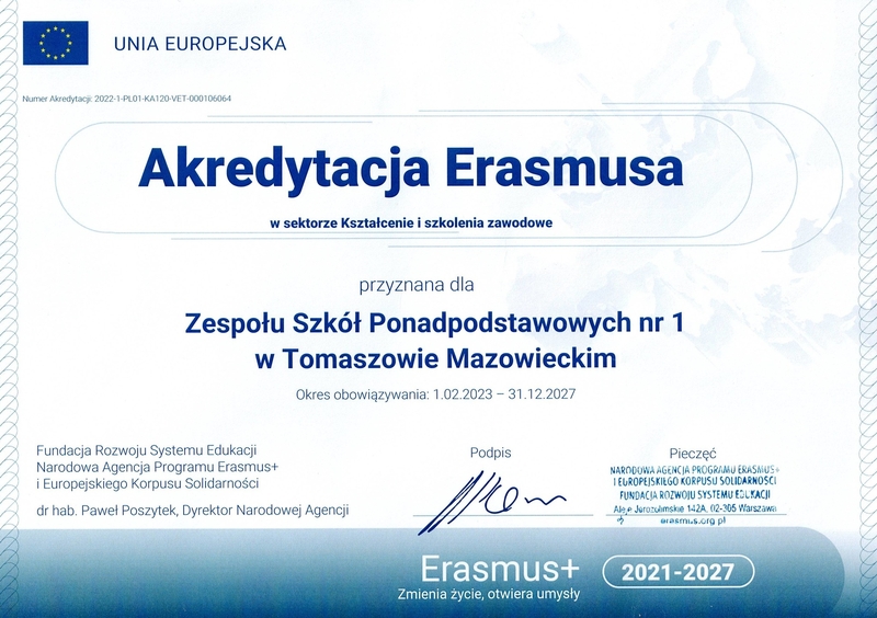 potwierdzenie przyznania Akredytacji Erasmusa w sektorze Kształcenie i Szkolenia zawodowe na okres 1.02.2023-31.12.2027