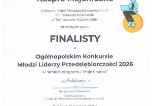 Dyplom finalisty konkursu Kacpra Majrzaka