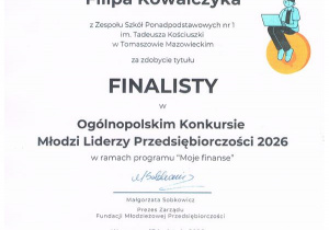 Dyplom finalisty konkursu Filipa Kowalczyka