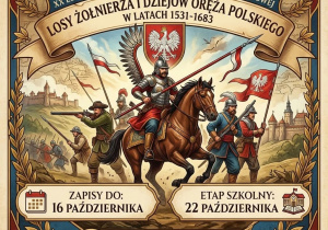 Grafika przedstawia żołnierzy z różnych okresów historii Polski oraz informacje dotyczące samego konkursu.